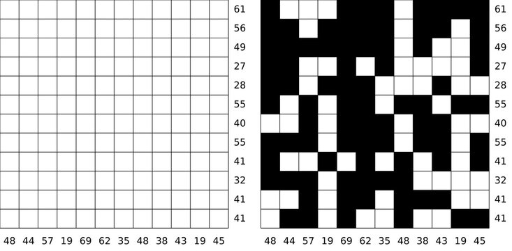 Kakurasu logic puzzle series with numbered grids and filled solutions. Clean vector illustration for brain teasers, printable worksheets, and educational activity books