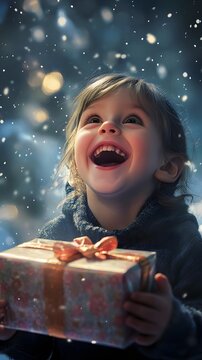 Joyful portrait of a child with a wide smile, holding a wrapped gift during a magical, festive winter celeb n.