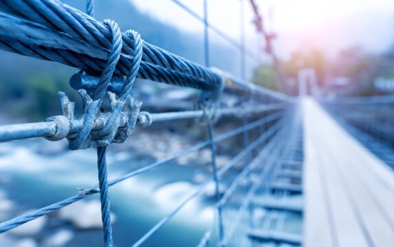 Close-up of suspension cable on a narrow pedestrian bridge with blurred background