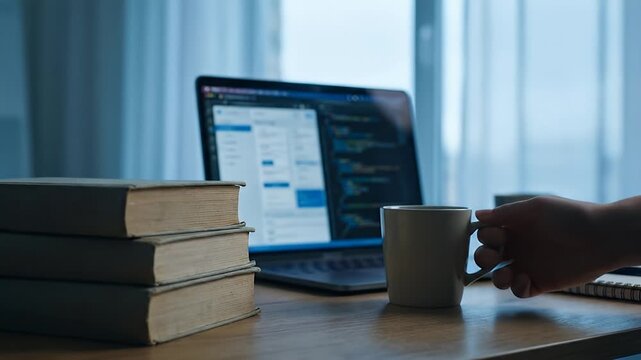 Laptop Screen Glowing Beside Stacked Books Sitting on Wooden Desk Indoors