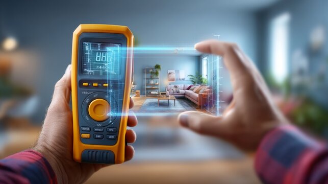 Hand Using Digital Multimeter with Futuristic Augmented Reality Home Display