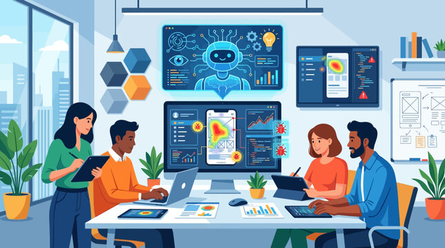 Team of Software Developers and UX Designers Collaborating on AI Application Development, Mobile App Testing, and Quality Assurance in a Modern Tech Office