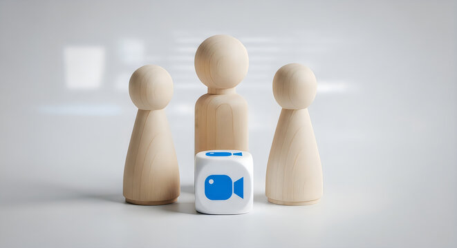 Wooden figures and blue whale logo on white cube