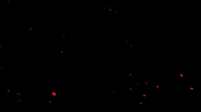 Realistic burning fire embers or sparks moving across screen diagonally on isolated transparent background.