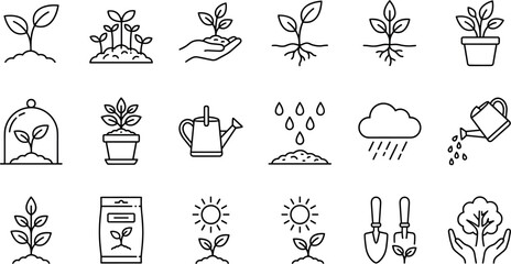 Plant Growing and Gardening Outline Icon Set Featuring Seedlings Pots Watering Can Sun Shovel and Eco Friendly Agriculture Symbols Vector Line Art © Rawpixel.com