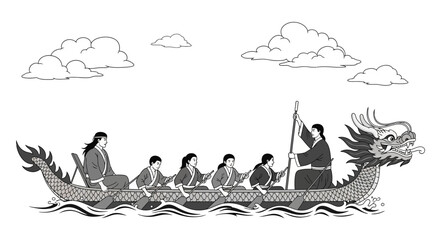 Traditional Chinese dragon boat racing with rowers and drummer. © Aagil_Umais