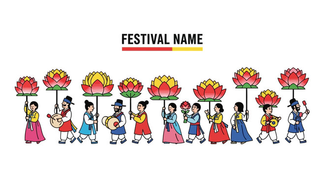 Korean traditional festival parade with people wearing Hanbok and carrying lotus lanterns.