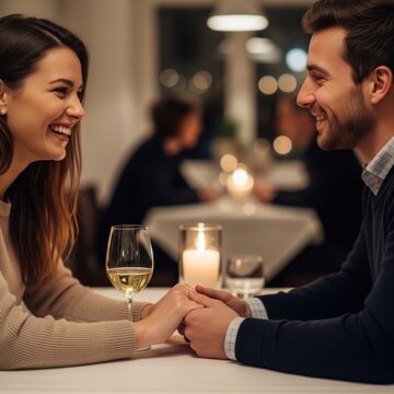 Happy young couple holding hands across table at romantic dinner in restaurant smiling together during date night evening.
