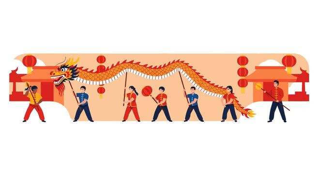 Group of people performing traditional Chinese dragon dance.
