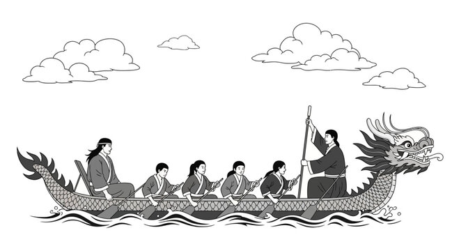 Traditional Chinese dragon boat racing with rowers and drummer.