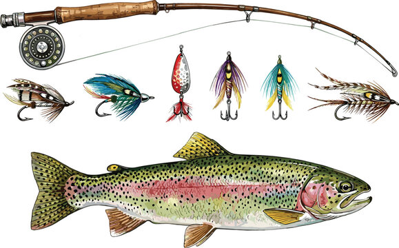 Fly Fishing Gear Set Featuring Rainbow Trout Fish Rod Reel and Colorful Artificial Lures and Flies for Outdoor Adventure Sports and Recreational Angling Designs