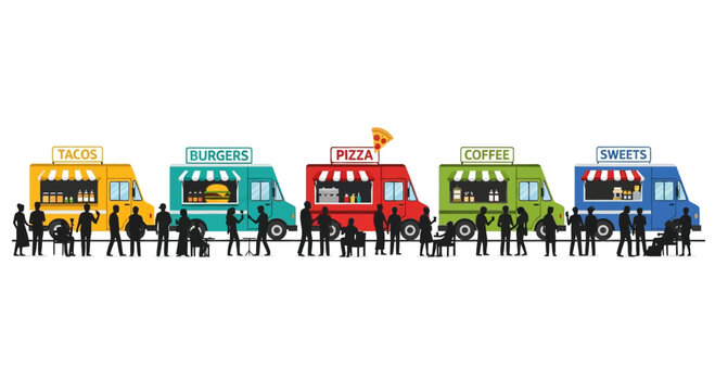 Colorful street food trucks line up with a crowd of hungry people waiting in queue.