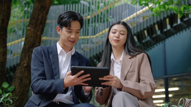 Young Asian businessman and businesswoman sitting outdoors and using digital tablet together near modern office building. Team collaboration and technology in business environment.
