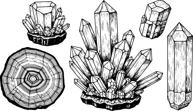 Hand-drawn black and white crystal clusters and geode slice transparent background