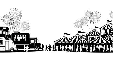 Black and white vector illustration of a bustling street food festival with tents and trucks. © Aagil_Umais