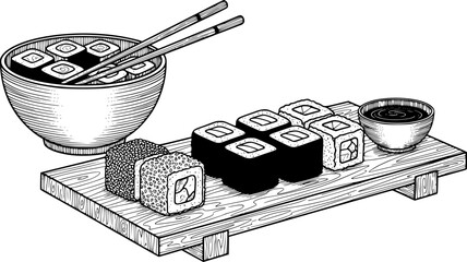 Hand-drawn japanese sushi rolls and chopsticks wooden board with soy sauce maki © Bulbul
