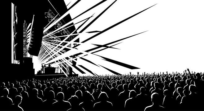 Black and white silhouette of a large music festival crowd watching a DJ performance.