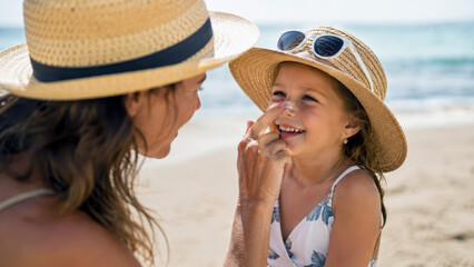 Mother applying sunscreen to daughter's nose at the beach, sun protection skincare routine, day at seaside, family bonding under sun, summer vacation fun, sun safety awareness, outdoor leisure