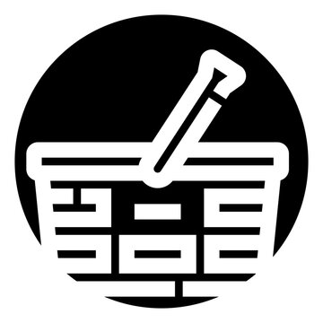 Shopping basket icon inside a solid black circle, minimalist pictogram representing retail, e commerce, purchasing, commerce, online shopping, store transactions, and webapp design elements