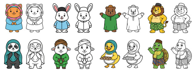 Obraz premium A collection of cute cartoon animals dressed in various traditional Islamic clothing, including hijabs, thobes, and kufis, presented in a grid format.