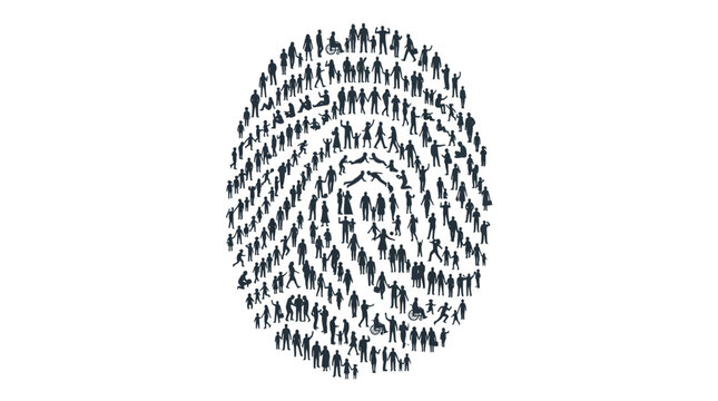 Fingerprint made of many diverse people silhouettes forming a unique pattern.