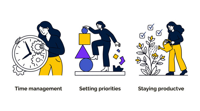 This illustration focuses on time management and productivity, representing key concepts like prioritizing and maintaining focus with modern visuals that promote efficiency.