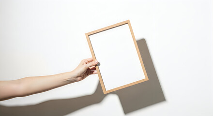 Obraz premium Hand holding empty light wood frame mockup