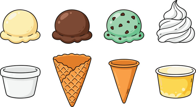 Ice cream scoops and cones vector element set with chocolate mint vanilla flavors and cups isolated on white background