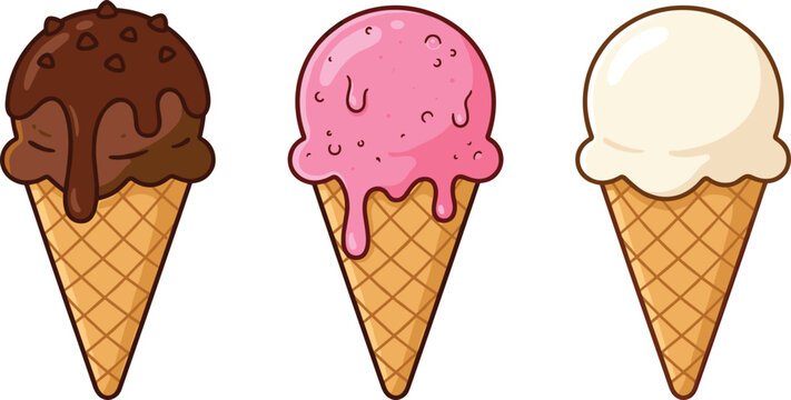 Set of three classic ice cream waffle cones chocolate strawberry and vanilla flavor cartoon vector isolated on white