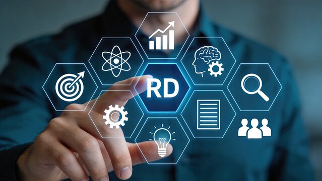 Research and development strategy concept with hexagon icons showing innovation, science, growth chart and teamwork for corporate business planning and technological advancement