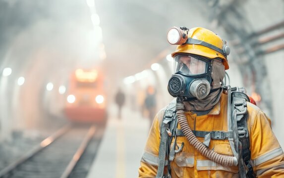 Miner Wearing Protective Gear and Gas Mask in Underground Tunnel