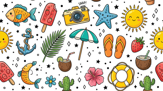 Summer beach holiday seamless pattern background vector illustration with sun camera coconut drink and tropical elements