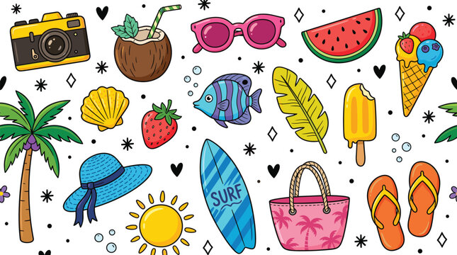 Summer beach holiday element set vector illustration with camera sunglasses palm tree surfboard and tropical icons isolated on white background
