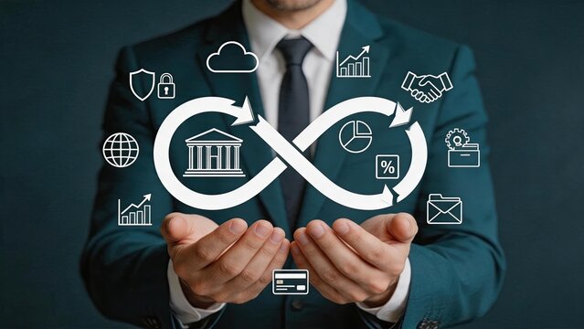 Businessman holding infinity loop symbol with finance, banking, security and growth icons for investment strategy concept