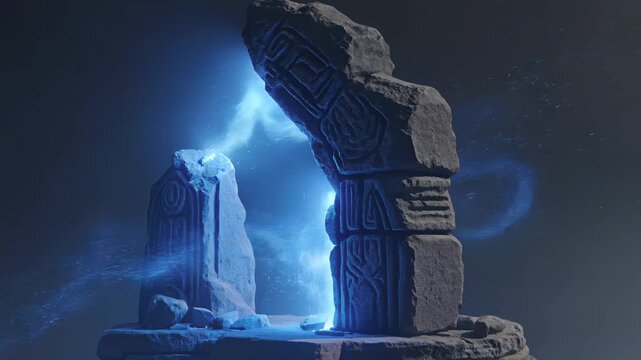Ancient stone portal with mystical glowing blue magic energy. Seamless looping 4k video background
