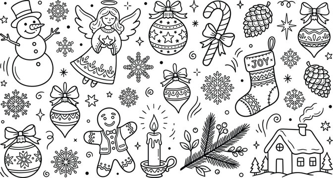 Christmas holiday doodle element set vector illustration with snowman angel gingerbread man house and decorations in coloring page style