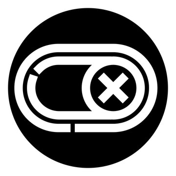 Toggle switch icon depicting a white pill shape with an 'x' symbol inside a circle on a black background, representing a deactivated or disabled setting for user interface design