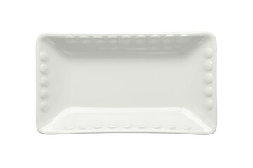 Obraz premium White rectangular ceramic serving dish, beaded porcelain plate, kitchenware, empty food presentation platter on transparent background