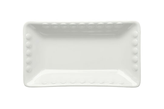 White rectangular ceramic serving dish, beaded porcelain plate, kitchenware, empty food presentation platter on transparent background