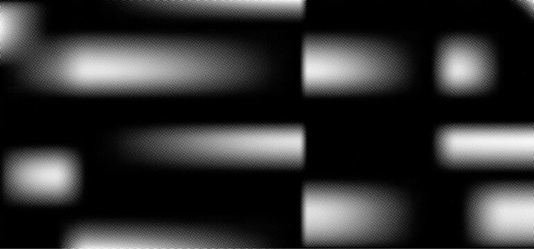 Black and white abstract pattern with blurred light rectangles and dot texture.