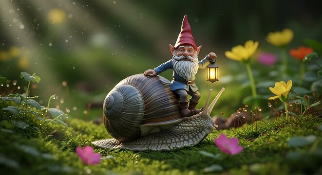 A whimsical garden gnome riding a snail through a vibrant floral landscape with a lantern in hand at dusk