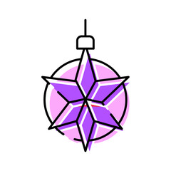 Obraz premium Purple star shaped ornament hangs from a hook, glowing with vibrant pink and purple hues and intricate line details, evoking festive holiday cheer and modern seasonal style