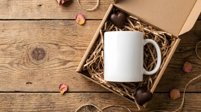 White coffee mug gift set with chocolate hearts