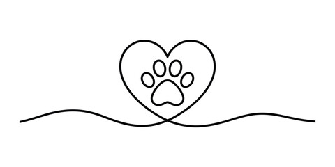 Continuous single line drawing of a heart shape with a dog paw print inside for pet lovers and animal care concept Vector, illustration © Nippon_Art Gallery