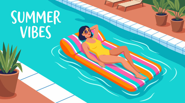 A relaxed figure lounges on a pool float surrounded by palm trees, evoking summer vibes and leisure, perfect for summer themes in lifestyle marketing and holiday promotions.