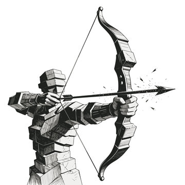 Detailed vector illustration depicting an archer's focused grip on a high-tech compound bow, an arrow precisely nocked and ready for release, capturing the essence of target sport preparation