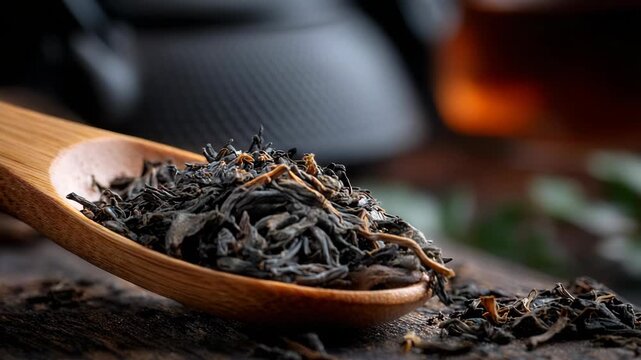 Loose tea leaves in a wooden spoon