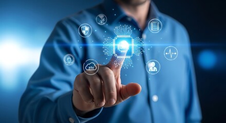 Fototapeta premium Artificial intelligence digital interface, businessman touching glowing AI processor icon, futuristic cloud computing and data security concept