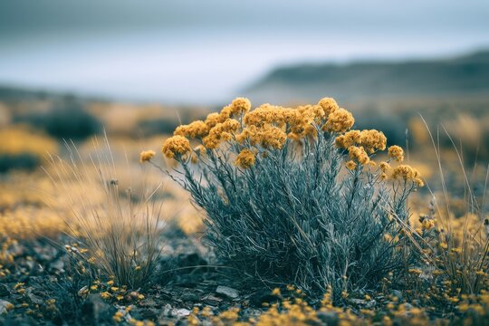 Yellow desert wildflowers blooming in an arid rocky landscape with cinematic shallow depth of field for environmental conservation marketing