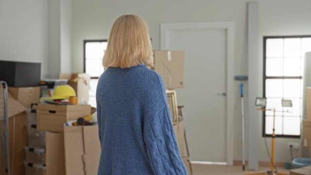 Blonde woman with hands on hips facing stacked cardboard boxes and moving equipment in a building interior; anticipation transition.